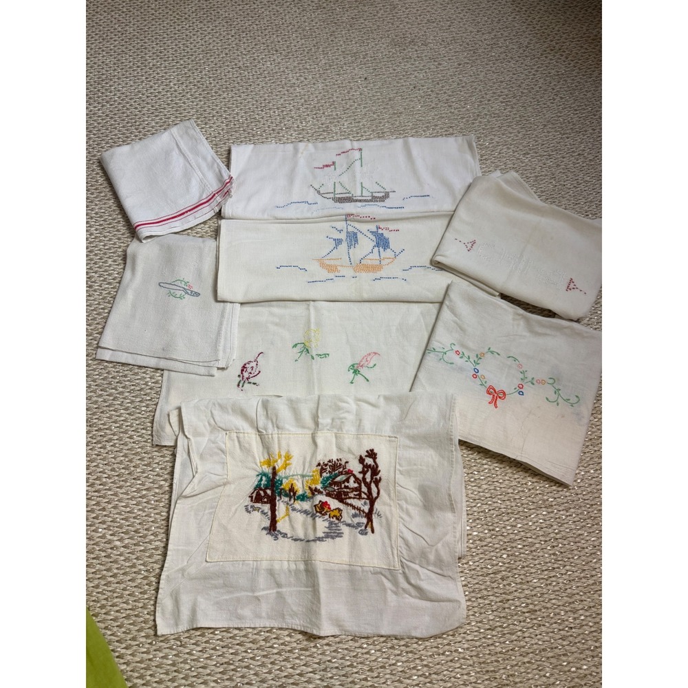 Vintage Hand Embroidered Linen Lot Cross Stitch country tea towels cottagecore
